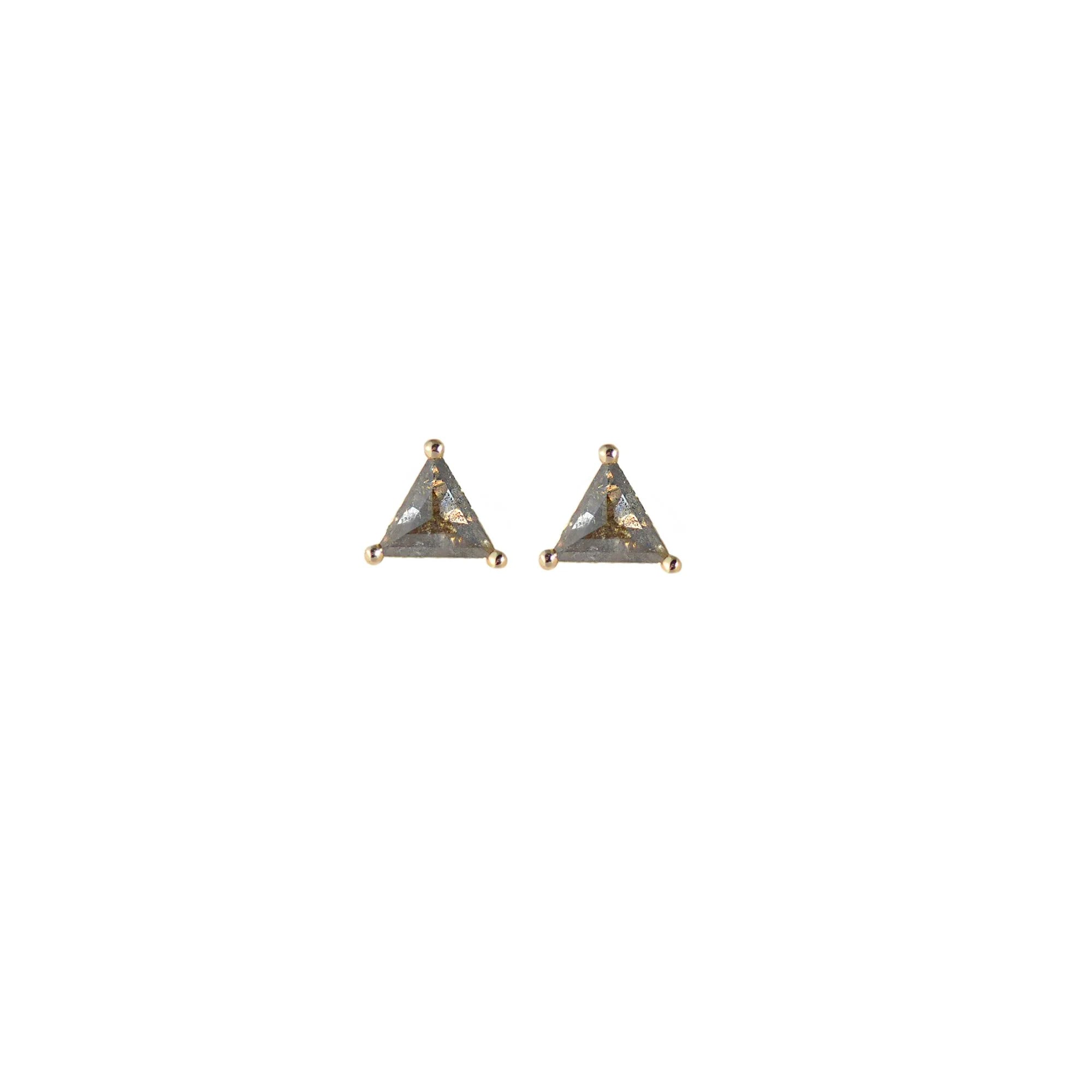 Gray diamond triangle earrings in 14 karat yellow gold